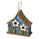 Glitzhome 10.75" L Distressed Solid Wood Hanging Birdhouse with 3D Flowers Rustic Hand-Painted Garden Bird Houses for Outdoors Decorative Glitzhome