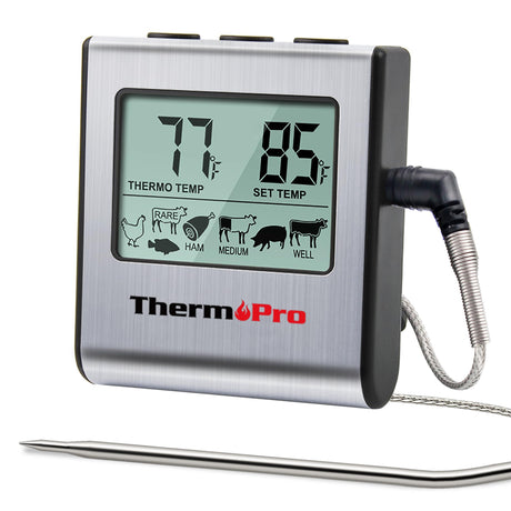 ThermoPro TP16 Large LCD Digital Cooking Food Meat Thermometer for Smoker Oven Kitchen BBQ Grill Thermometer Clock Timer with Stainless Steel Temperature Probe ThermoPro