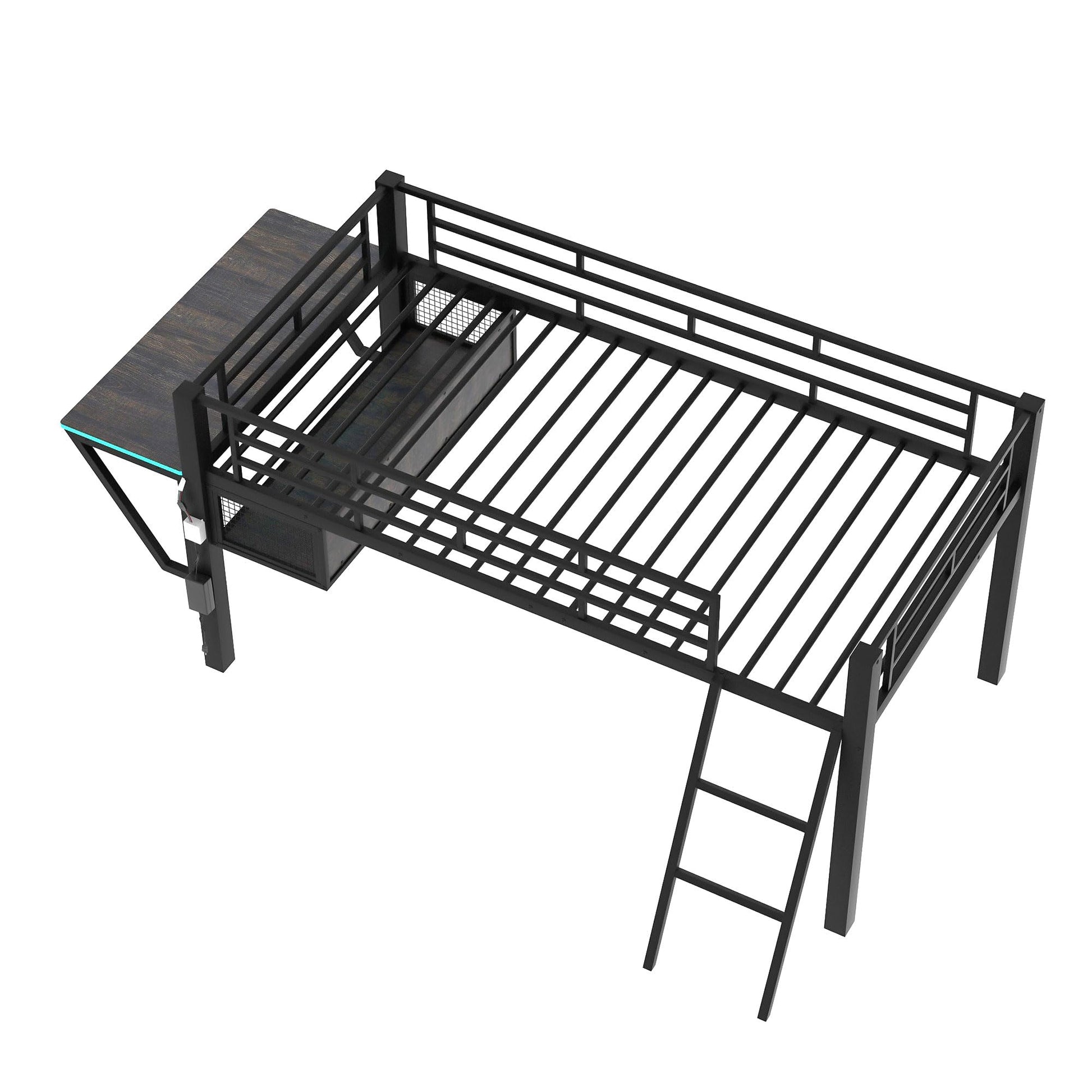 Linique Black Twin Size Gaming Loft Bed with Desk, LED Lights, and Staircase - WoodArtSupply