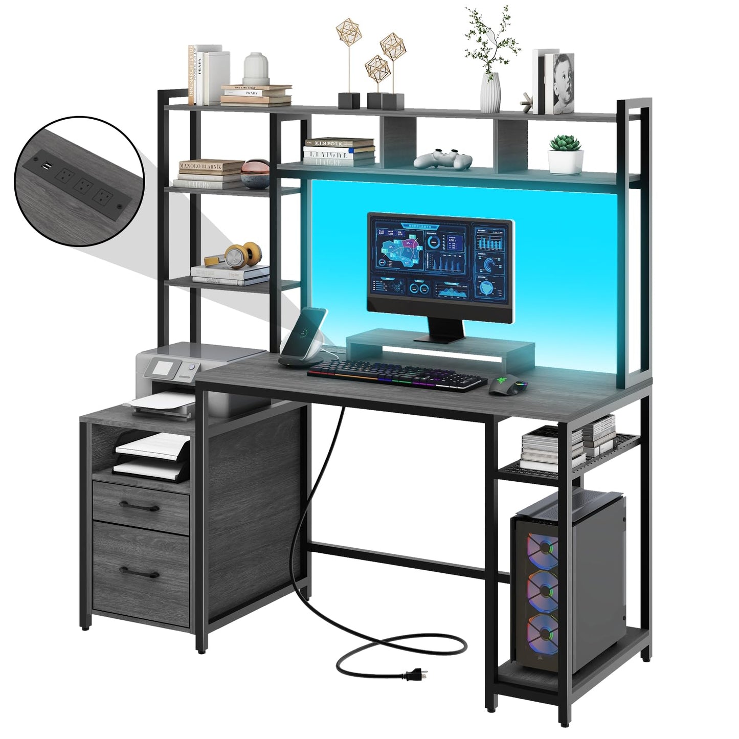 Computer Desk with Storage Shelves and 2 Drawers, 59" Gaming Desk with LED Lights & Power Outlets, Gray Home Office Desk with Hutch Monitor Stand for Study Office Writing Game