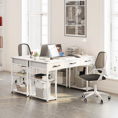 Modern White Office Desk with Fabric Drawers and Storage Shelves by ODK - WoodArtSupply