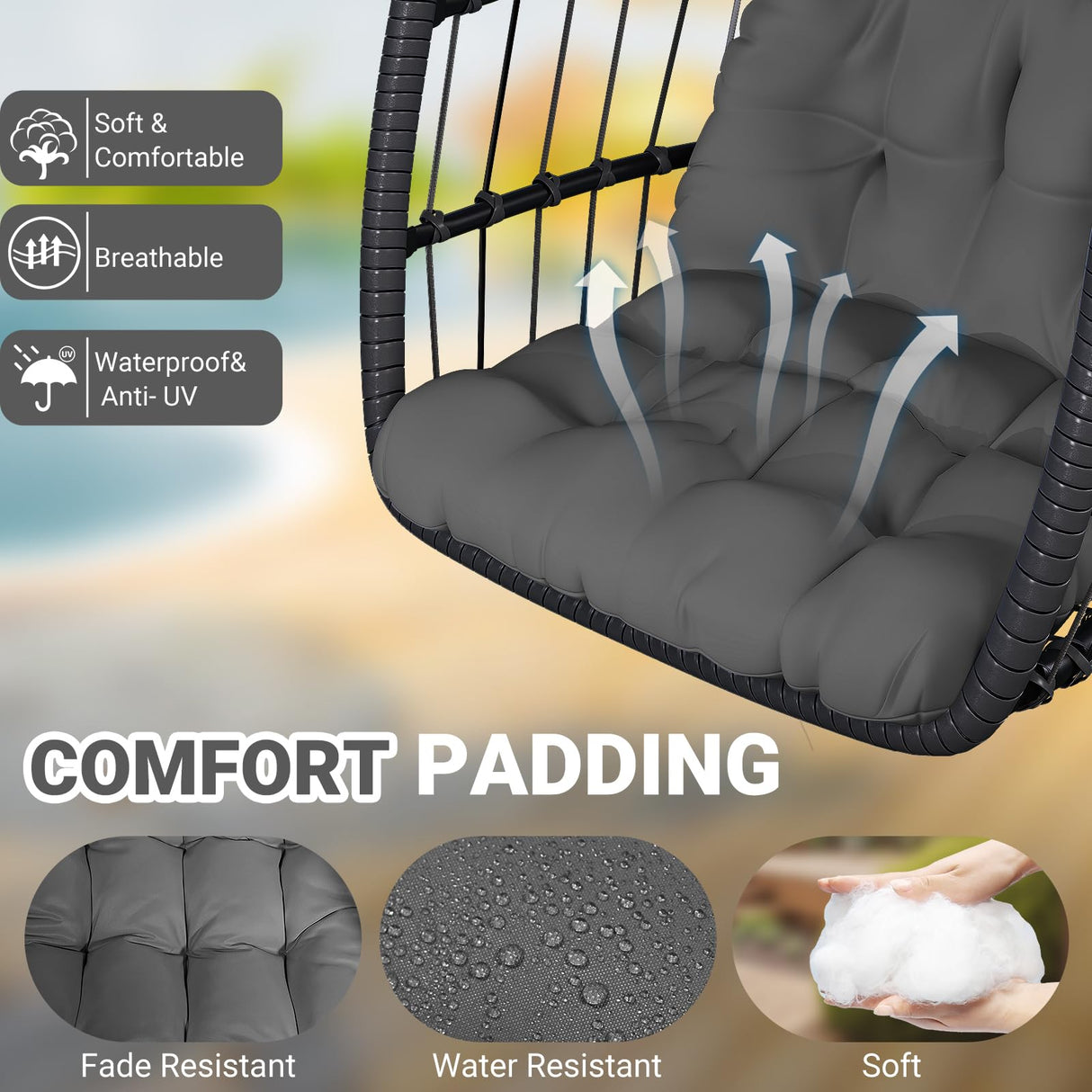 CHABATREE Egg Chair with Stand,Patio Rattan Wicker Hanging Swing Egg Chair Hammock Chair for Bedroom Porch Garden,Thickened Aluminum Alloy Steel Frame and UV Resistant Cushion,350LBS Capacity CHABATREE