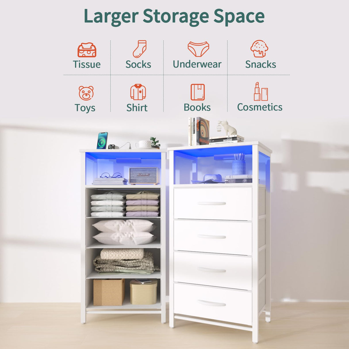 Yoobure Night Stand - LED White Nightstand with Charging Station, Bedside Table with 4 Storage Drawers and Storage Shelf, End Table with USB Ports and Outlets, Tall Dresser for Bedroom Yoobure