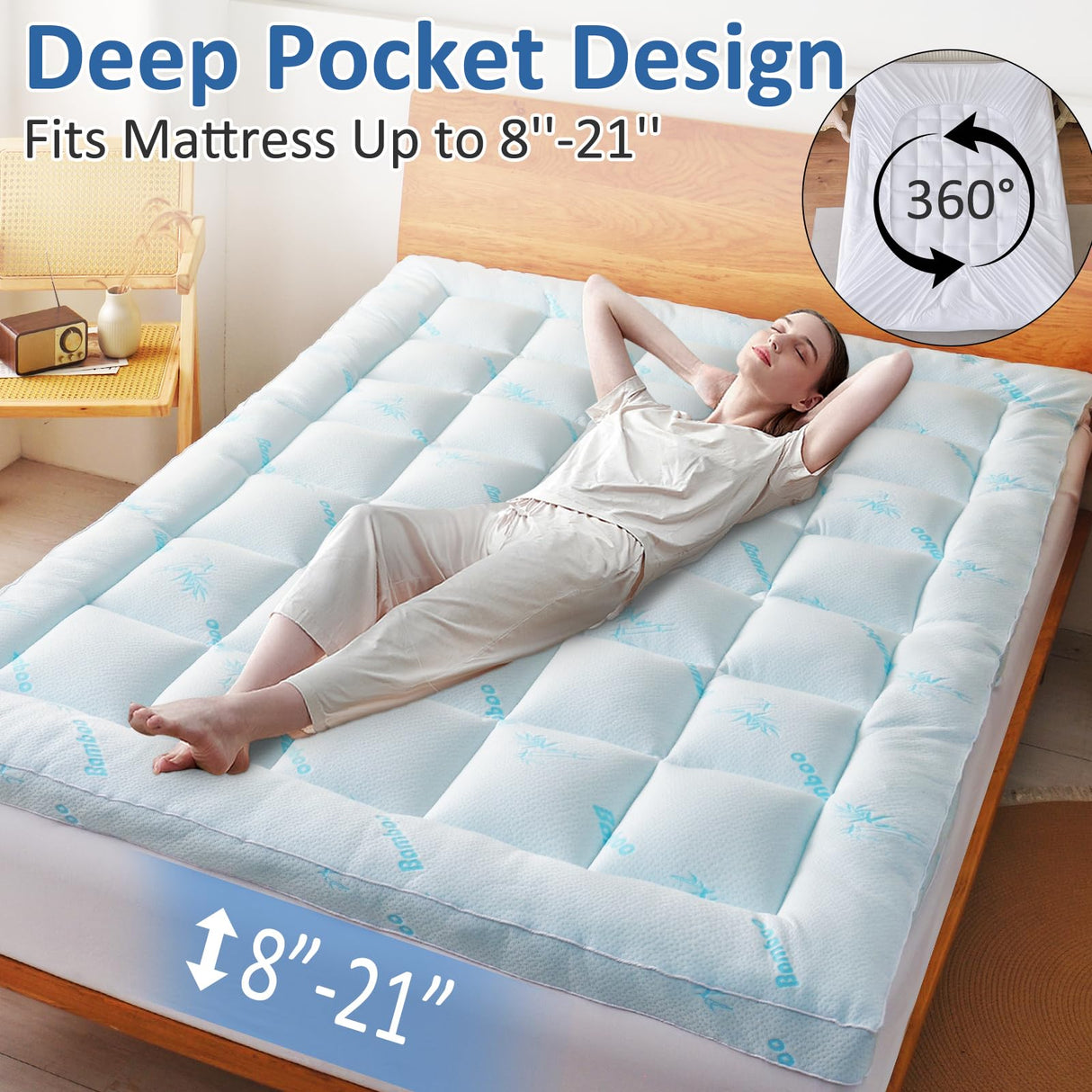 Favorland Mattress Topper King Size - Cooling Extra Thick Breathable Viscose Made from Bamboo Mattress pad - Soft Quilted Fitted Mattress Cover with 900 GSM Down Alternative Fill (8-21”Deep Pocket) Favorland