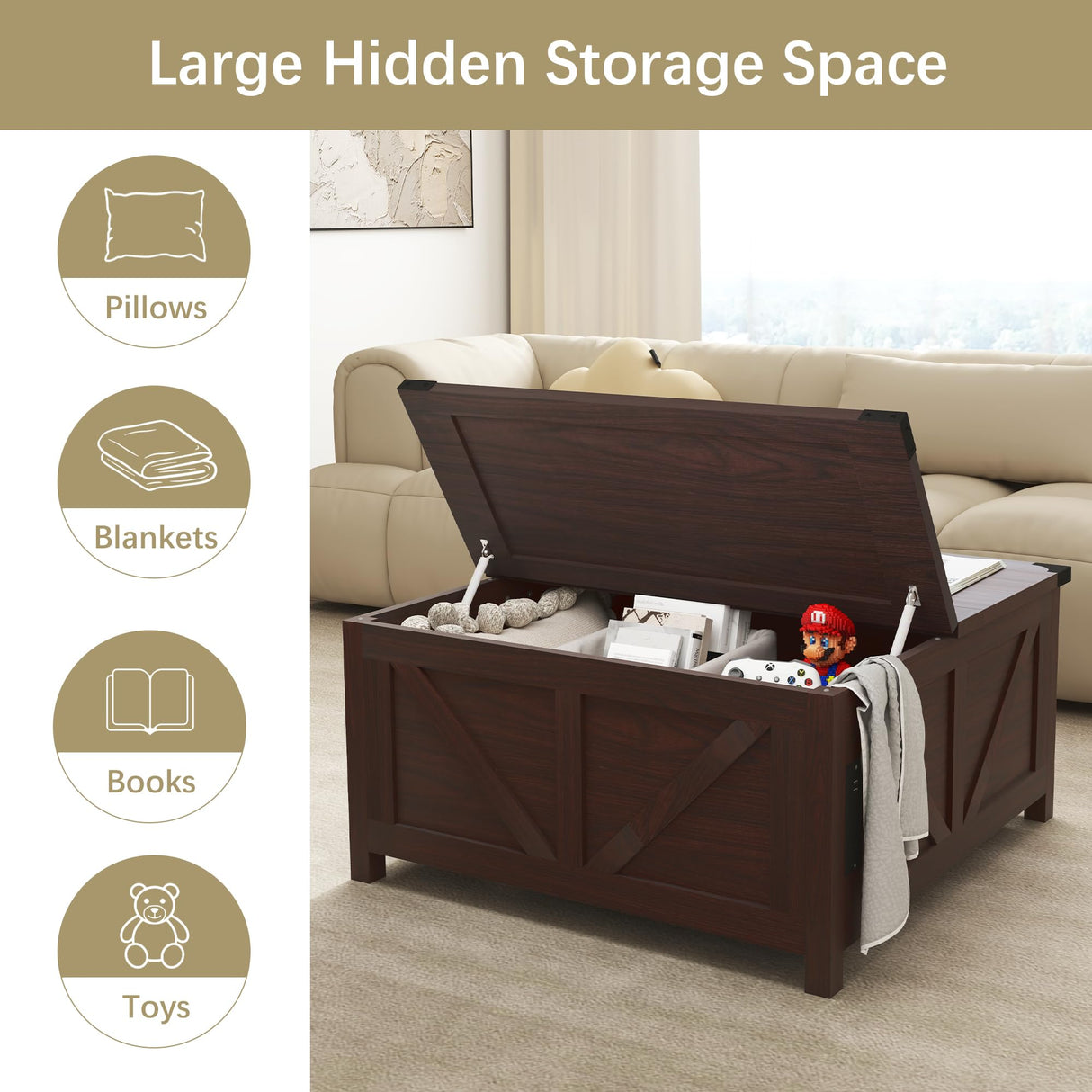 Furnivado 35'' Farmhouse Lift Top Coffee Table, Coffee Table with Storage and Large Hidden Storage, Square Coffee Table with Charging Station&USB Ports, Lift Coffee Tables for Living Room, Brown Furnivado