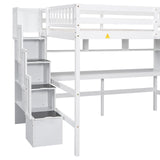 Full Size Loft Bed with Desk and Storage Shelves,Solid Wood Loft Bed Frame with Storage Staircase,High Loft Bed Full Size with Stair for Kids,Teens, Adults,White Bellemave