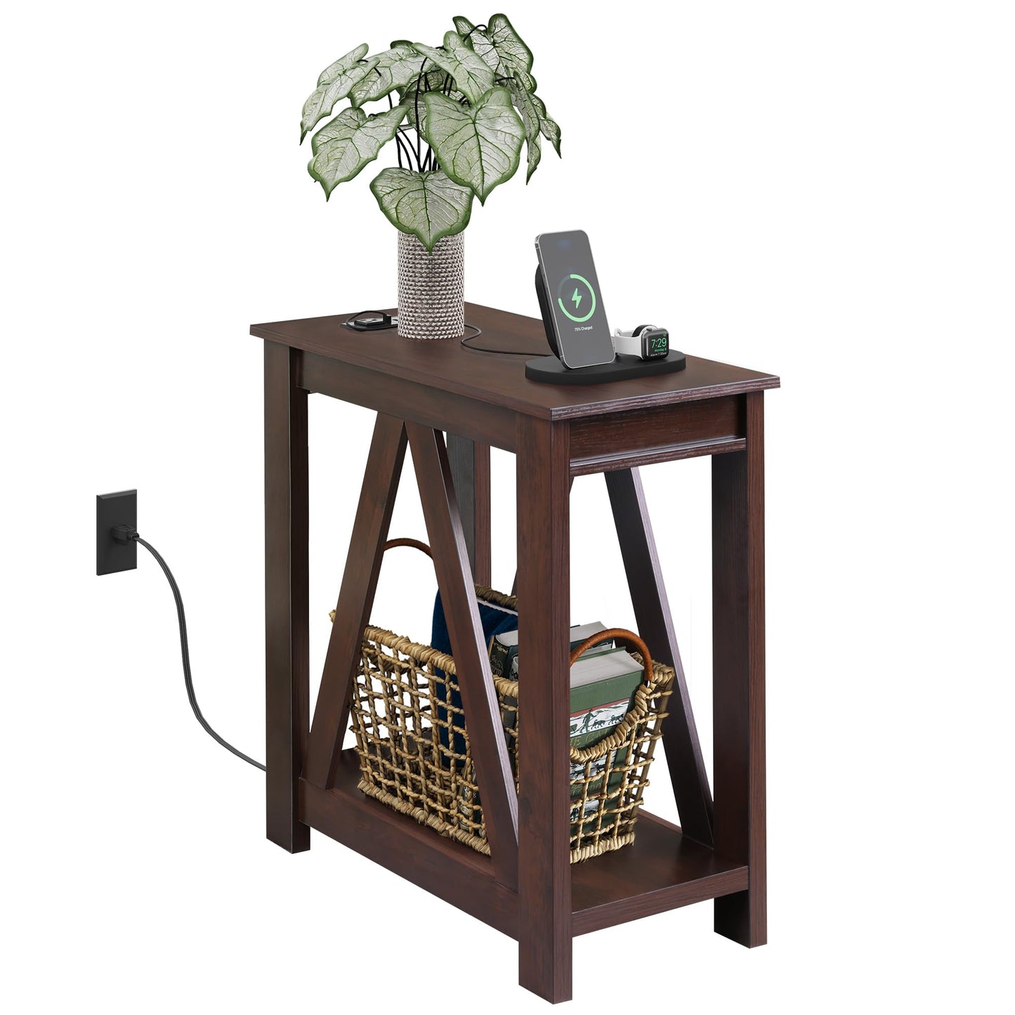 WLIVE Narrow End Table with Charging Station of Open Storage Shelf，Sofa Side Table with 2 USB Ports and 2 Power Outlets，Slim Farmhouse End Table for Small Spaces，Bedroom, Living Room, Espress - WoodArtSupply