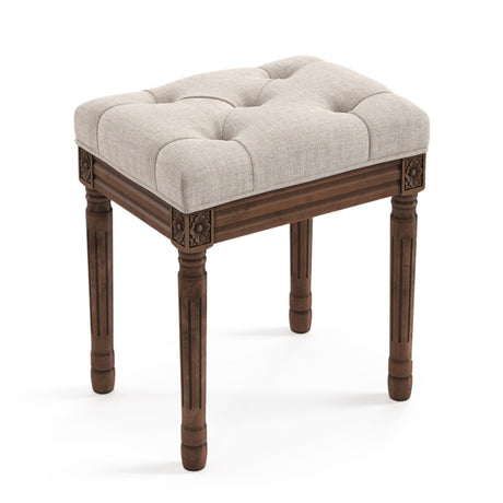 LUE BONA Upholstered Fabric Vanity Bench Seat, Makeup Stools for Vanity, Square Tufted Ottoman Bench with Carved Dark Brown Legs for Bedroom Living Room, Linen Color LUE BONA
