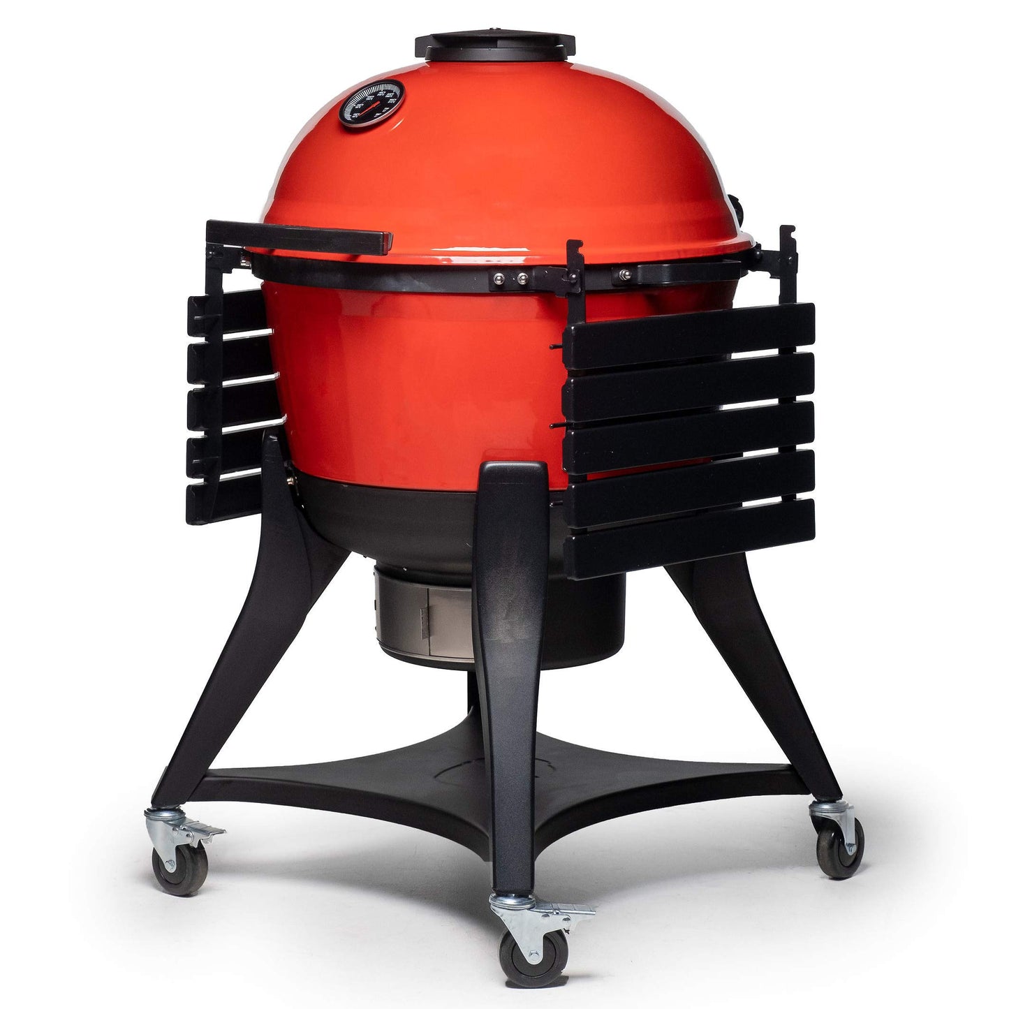 Kamado Joe Kettle Joe 22-inch Kettle Charcoal Grill with Hinged Lit, Cart, Side Shelves and SloRoller Hyperbolic Slow Smoker Chamber in Red, Model KJ15040320