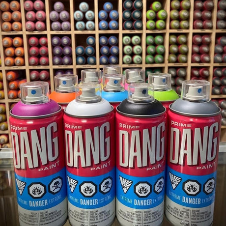 DANG Prime Spray Paint Set of 12 Popular Colors, 400ml Cans, Matte Graffiti Art Supplies, Weather Resistant Graffiti Supplies, Spray Paint for Metal, Mural, Glass, Canvas, Wood, 12 Carolina Caps DANG Paint