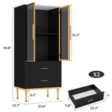 GarveeHome Fluted Storage Cabinet with Glass Door and 2 Drawers, Modern Display Storage Cabinet, Kitchen Pantry with Adjustable Shelves for Collectibles, Living Room, Office - Black GarveeHome