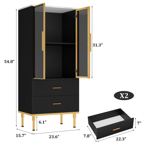 GarveeHome Fluted Storage Cabinet with Glass Door and 2 Drawers, Modern Display Storage Cabinet, Kitchen Pantry with Adjustable Shelves for Collectibles, Living Room, Office - Black GarveeHome