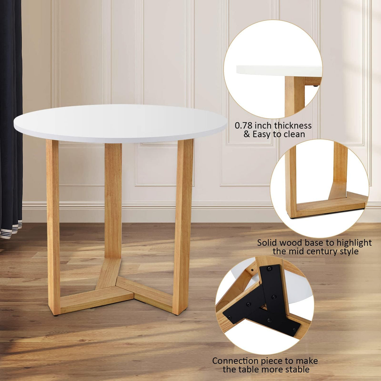 KithKasa 31.5" Mid Century Modern Round White Dining Table for 2-4, with Wood Legs & MDF Tabletop for Small Space Dining Room Narrow Nook KithKasa