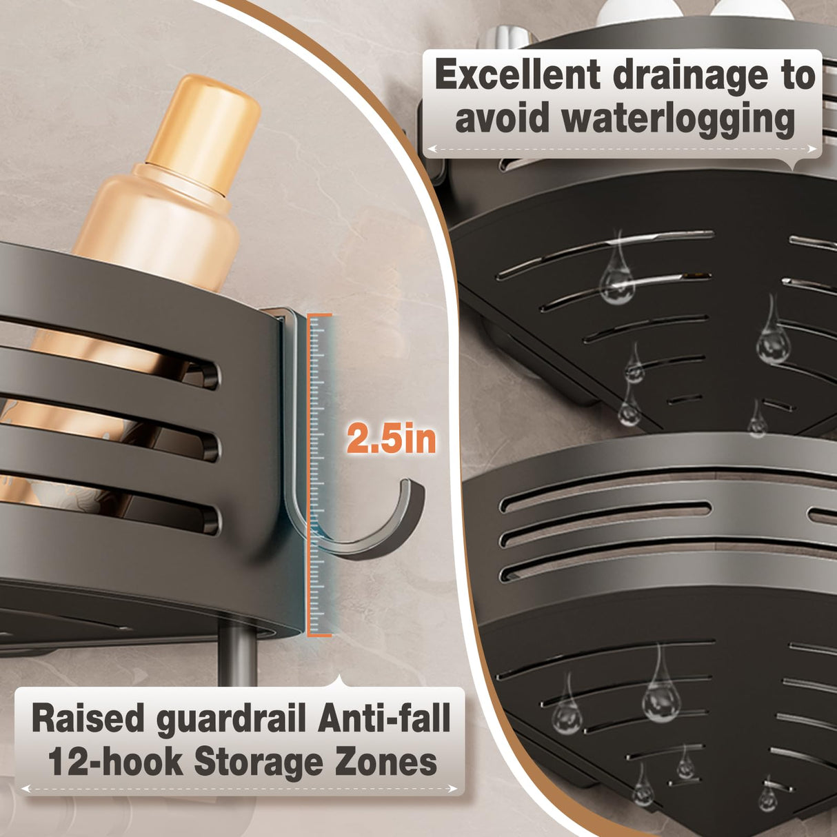 Conworld Corner Shower Caddy with Suction Cups, Shower Suction Shelf With Towel Bar, Wall Bathroom Shower Organizer Corner with Hooks, No-Drilling Removable (Aluminum, 2-Pack, Gunmetal Gray) Conworld