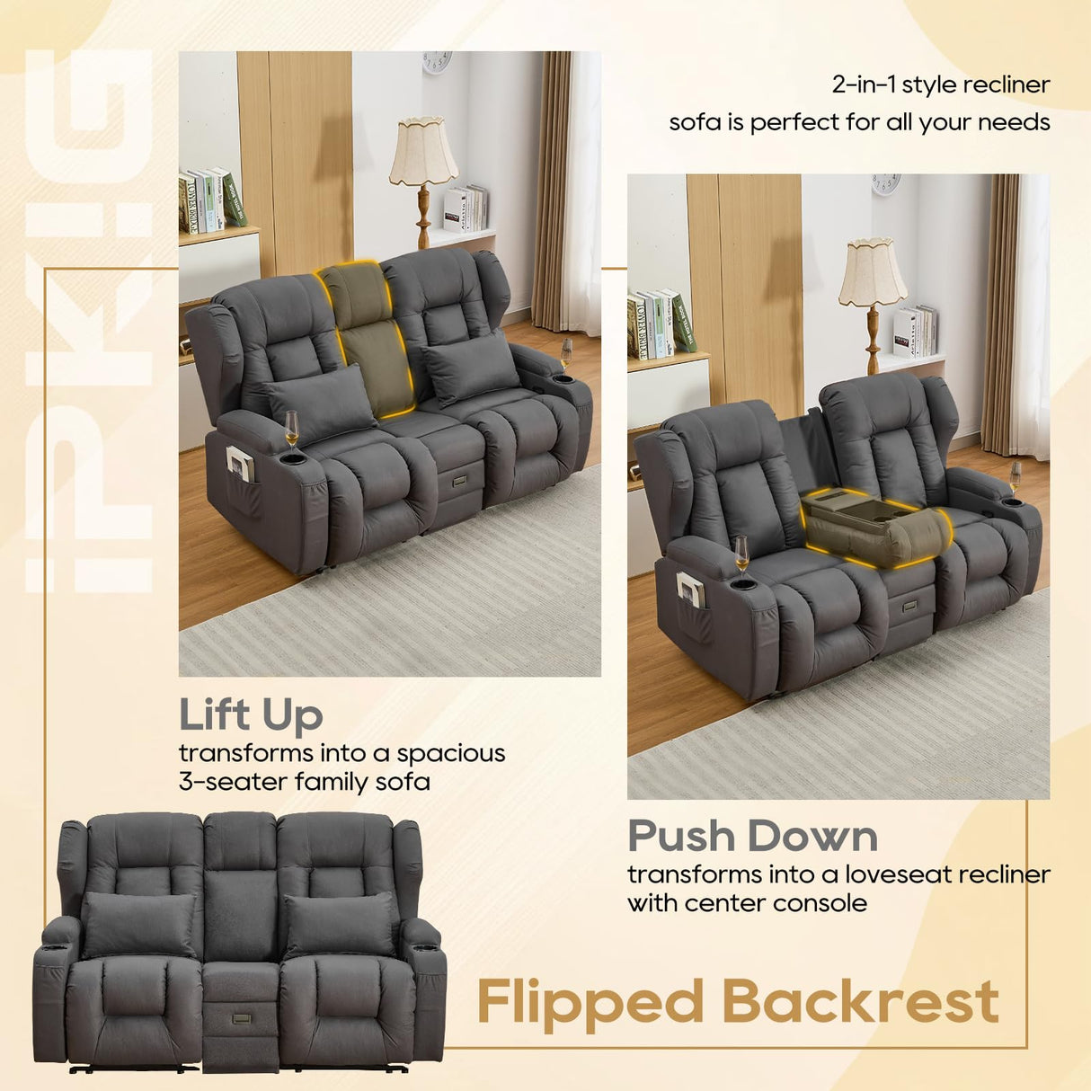 IPKIG 67" RV Loveseat Double Recliner Sofa with FILP Back Console, Storage Drawer, Side Pockets, Lychee Pattern Tech Fabric Manual Reclining Chair Home Theater Seating (Grey) IPKIG