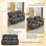 IPKIG 67" RV Loveseat Double Recliner Sofa with FILP Back Console, Storage Drawer, Side Pockets, Lychee Pattern Tech Fabric Manual Reclining Chair Home Theater Seating (Grey) IPKIG