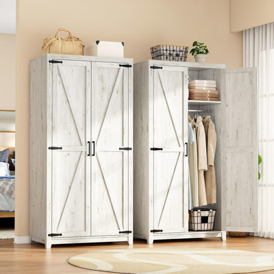 LUXOAK 70" Large Armoire Wardrobe Closet Set of 2 with Hanging Rod, Farmhouse Clothing Storage Cabinet with 2 Barn Doors, Wooden Tall Bedroom Armoires with Shelf, Distressed White