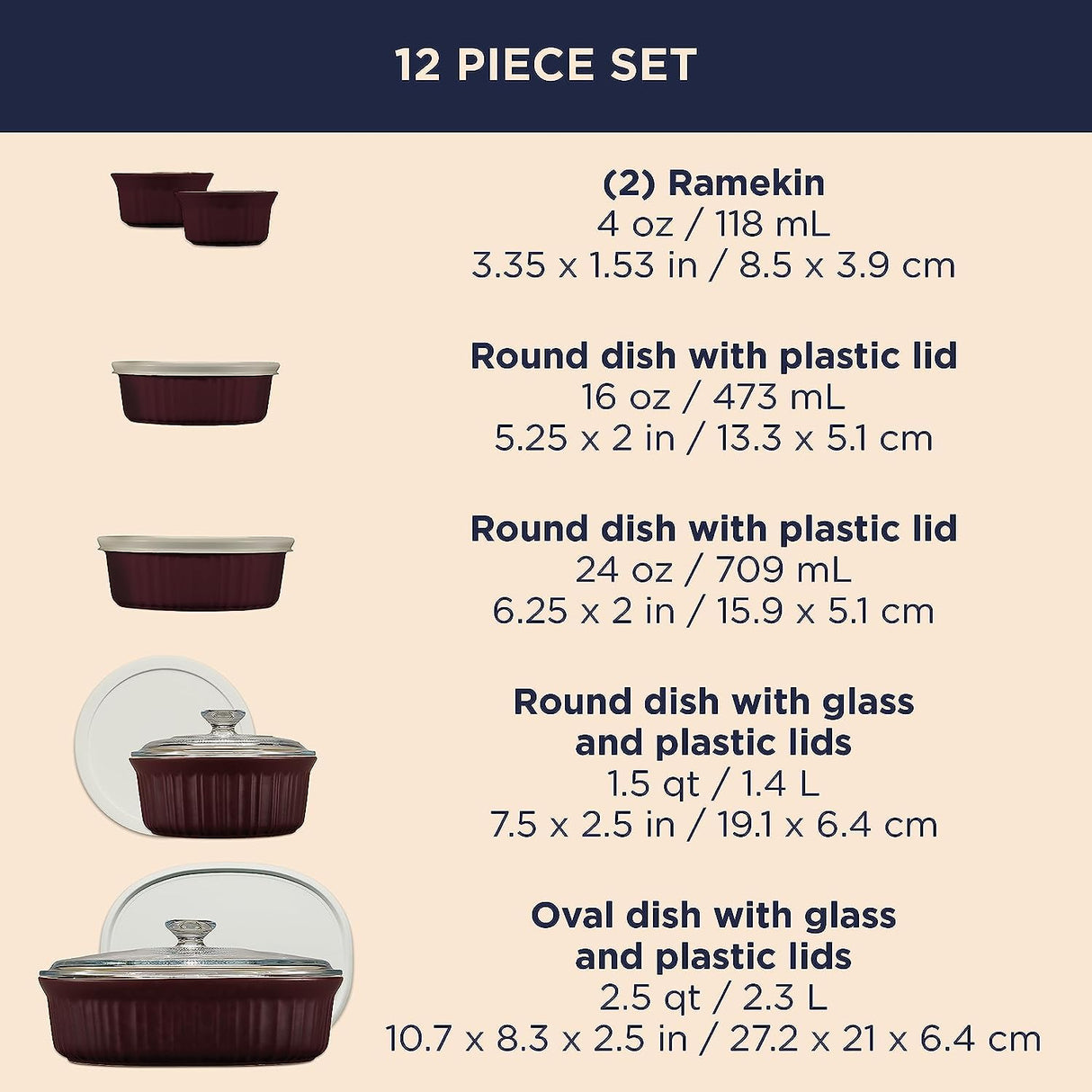 CorningWare Ceramic Bakeware Set with Lids, Chip and Crack Resistant Stoneware Baking Dish, Microwave, Dishwasher, Oven, Freezer and Fridge Safe, 12-Piece French Cabernet CorningWare