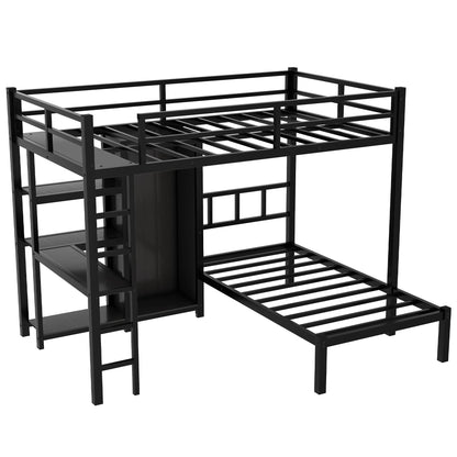 Metal Full XL Over Twin Bunk Bed, Multi-Functional Bunk Bed with Desk,Bookshelf,Storage Shelves and Wardrobe for Kids Teens Adults