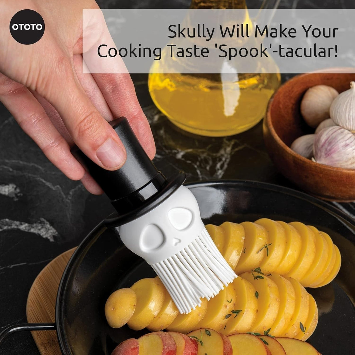 OTOTO Skully Basting Brush - Food Basting Brush for Cooking, Halloween Gifts, Gothic Kitchen Brush, Spooky Gifts, Skull Kitchen Accessories OTOTO