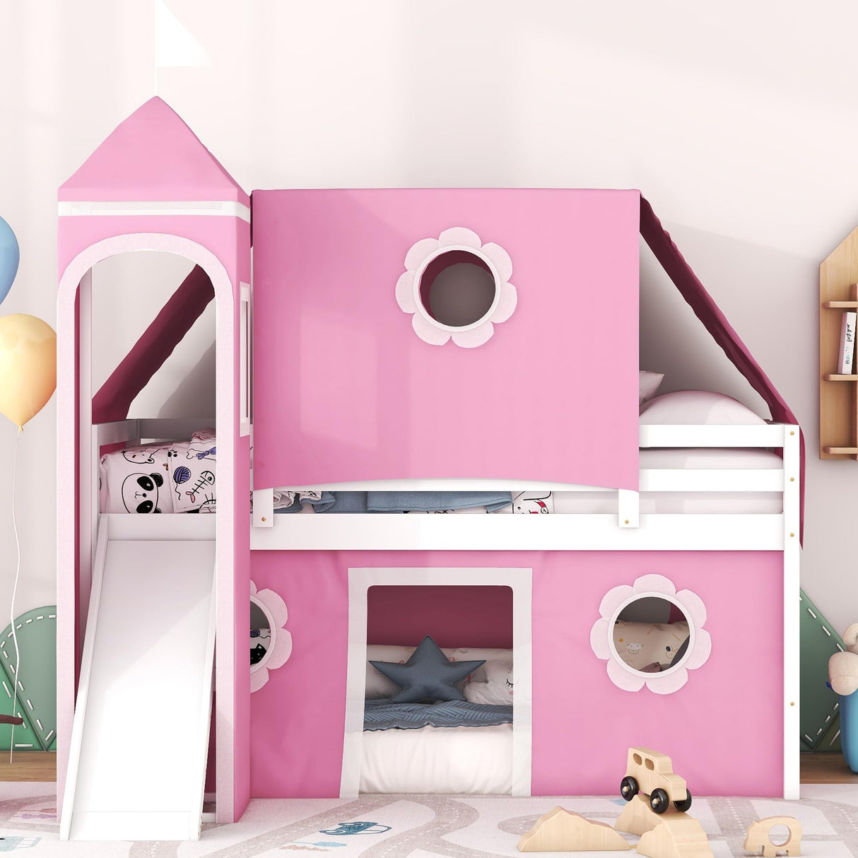 Polibi Twin Size Castle Loft Bed with Slide & Pink Tent and Tower, Playhouse Design Spacious Under Bed Space with Curtains, Wood Tent Bed Frame for Kids Boys Girls Polibi