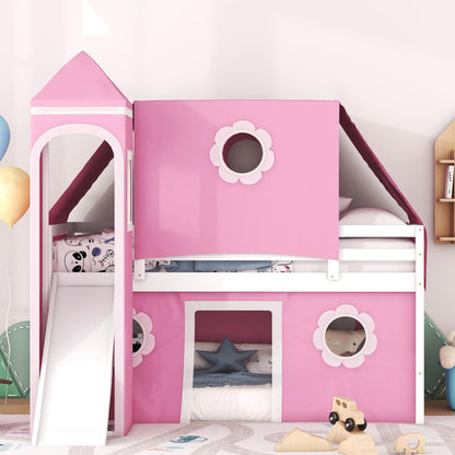 Polibi Twin Size Castle Loft Bed with Slide & Pink Tent and Tower, Playhouse Design Spacious Under Bed Space with Curtains, Wood Tent Bed Frame for Kids Boys Girls