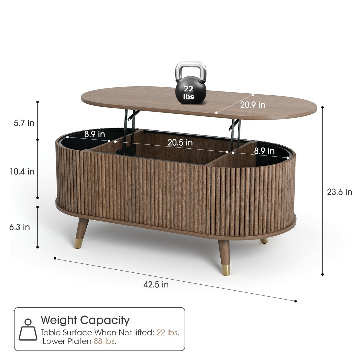 JOINICE 42.5" Oval Lift Top Coffee Table with Storage, Mid Century Modern Walnut Center Table with Fluted Design, Solid Wood Legs & Hidden Compartment, Pop Up Cocktail Table for Living Room JOINICE