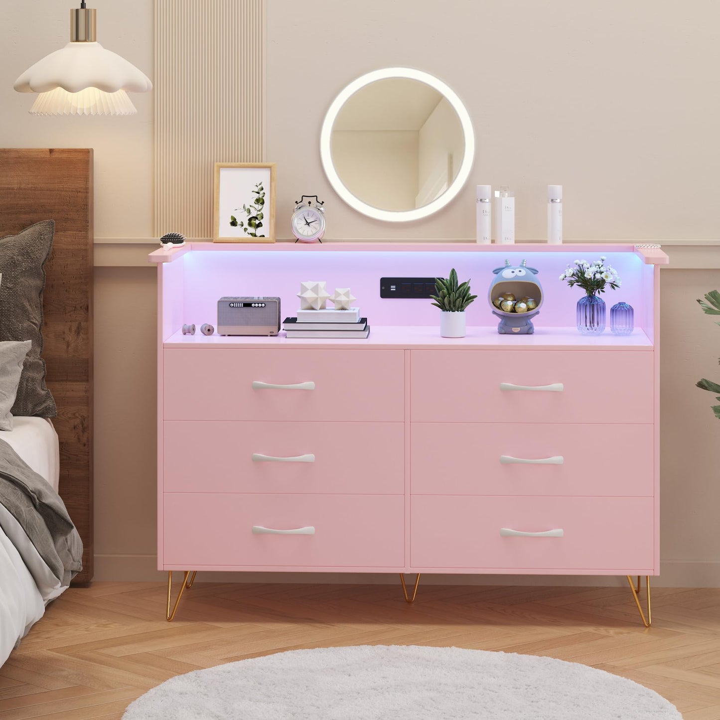 Pink Dresser for Bedroom with Power Outlet & LED Light, 6 Wooden Dressers with Wide Drawers & 2-Tier Open Shelves, Modern Chest of Double Wide Drawers for Living Room, Entryway, Hallway TV Stand