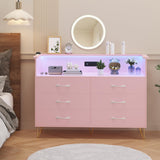 Patikuin Pink Dresser for Bedroom with LED Light & Charging Station, 6 Drawers Wooden Dressers with Open Space, Modern Chest of Double Wide Drawers for Living Room, Entryway, Hallway TV Stand Patikuin