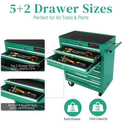 WTRAVEL Rolling Tool Chest with 7-Drawer Tool Box with Wheels Multifunctional Tool Cart Mechanic Tool Storage Cabinet for Garage, Warehouse, Workshop, Repair Shop (Green) - WoodArtSupply