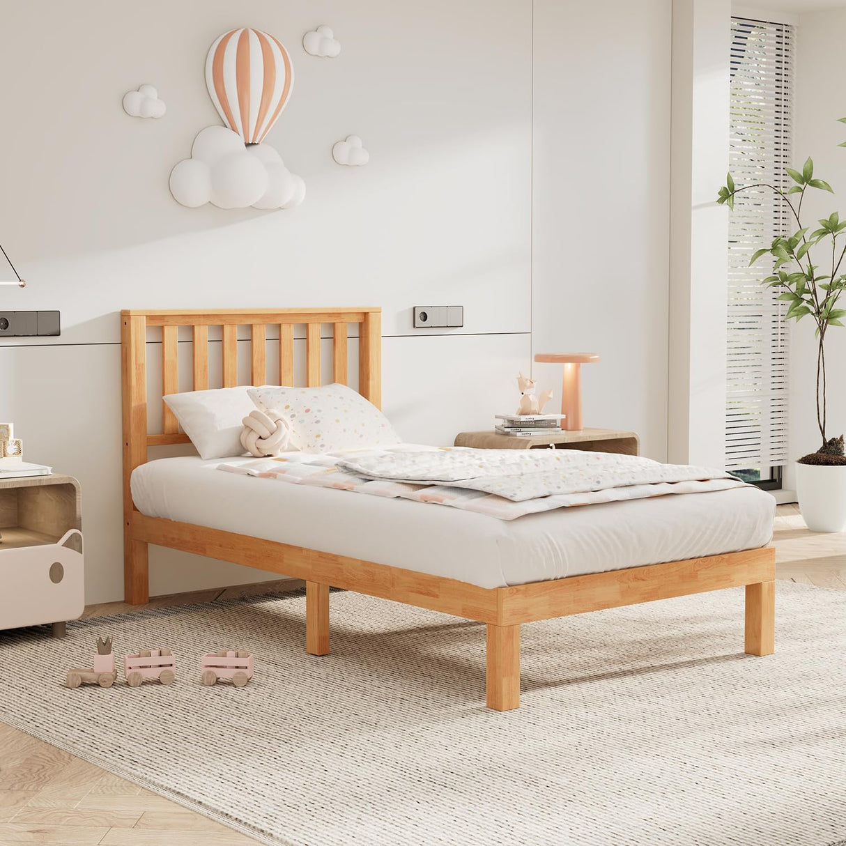 DELAVIN Twin Bed Frame with Headboard, Malaysian Oak Wood Platform Bed Frame, Farmhouse Bed Frame with 12 Wooden Slats Support, No Box Spring Needed, Easy Assembly, Twin, Rustic Pine DELAVIN