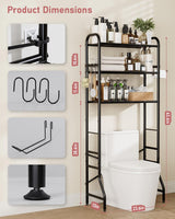 Tujurich Over The Toilet Storage Rack, 3-Tier Metal Bathroom Organizer with Hooks, Over The Toilet Storage Cabinet, Space Saver Shelf for Bathroom, Black, 23.6" x 13.0" x 63.4" Tujurich