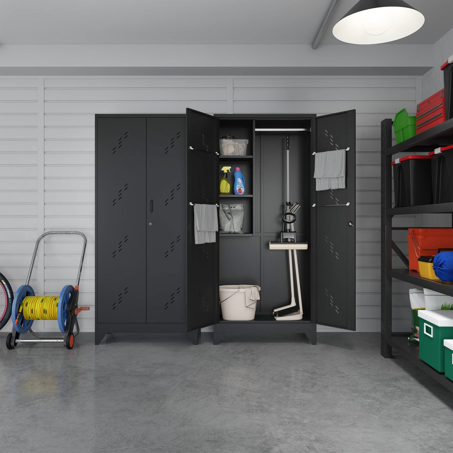 Metal Garage Storage Cabinet, 75“ Cleaning Tool Storage Cabinet, Multifunctional Garage Storage Broom Closet with Doors, Handing Rod (Black, Door-2) - WoodArtSupply