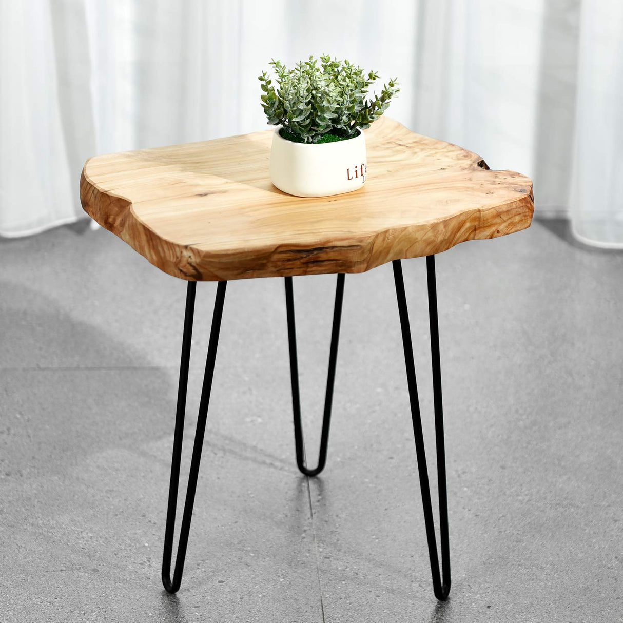 WELLAND Live Edge Side Table with Hairpin Legs, Natural Edge Side Table, Small Nightstand Wood, 15.5" Tall WELLAND