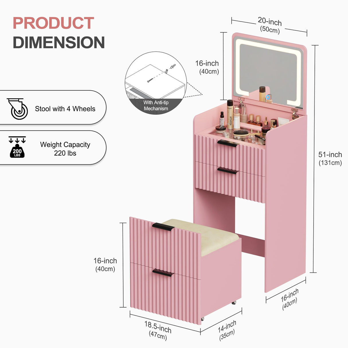 Lvifur 3 in 1 Small Vanity Desk with Plip Top Mirror,Makeup Vanity Set with Visible Glass Desktop,Compact Vanity with 3 Drawers,Storage Compartment and Padded Stool,Dressing Table for Bedroom,Pink Lvifur
