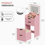 Lvifur 3 in 1 Small Vanity Desk with Plip Top Mirror,Makeup Vanity Set with Visible Glass Desktop,Compact Vanity with 3 Drawers,Storage Compartment and Padded Stool,Dressing Table for Bedroom,Pink Lvifur
