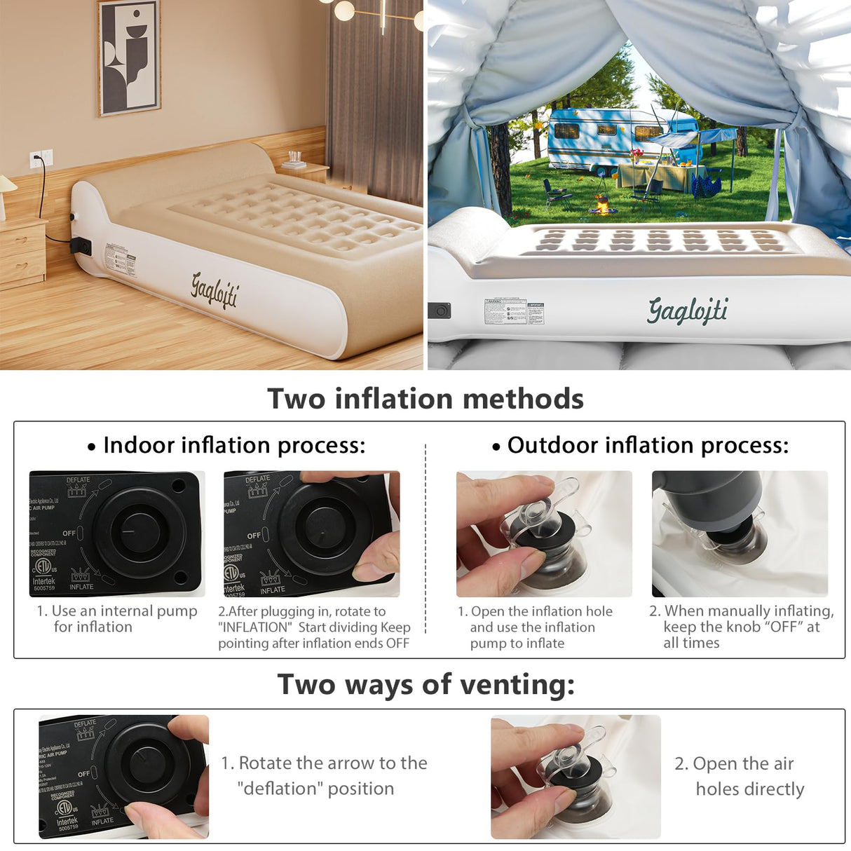 Gaglojti 16" Queen Air Mattress Full with Built in Pump for Camping,Portable Blow up Mattress with Carry Bag,High-Speed Pump,Luxury Inflatable Mattress Comfort Flocked Airbed for Guest,Home(Khaki) Gaglojti