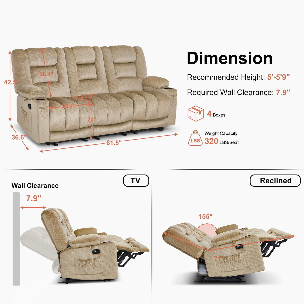 MCombo Zero Gravity Power Reclining Sofa with Heat and Vibration Massage, 3 Seater Reclining Couch with USB Ports, Cup Holders for Living Room, Fabric PR648SET (Beige) MCombo