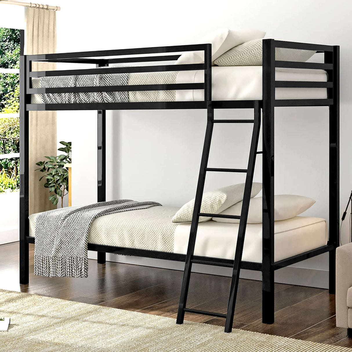 Allewie Metal Bunk Bed Twin Over Twin Size for Junior & Adults with Ladder and Heavy Duty Guardrail, Small Space Saving Design for Bedroom Kid Room and Dorm, Black Allewie
