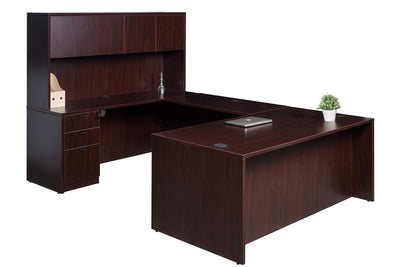 Boss Office Products Holland Series 71" Executive U-Shape Desk with Pedestal File Storage and Hutch, Mahogany