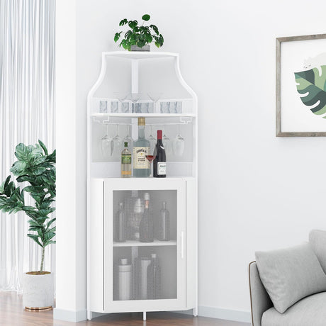 Takywep Corner Wine Cabinet with Removable Wine Rack, Farmhouse Coffee Bar Cabinet with Storage, Kitchen Buffet Cabinet with Barn Door and Adjustable Shelves for Dining, Living Room, White Takywep
