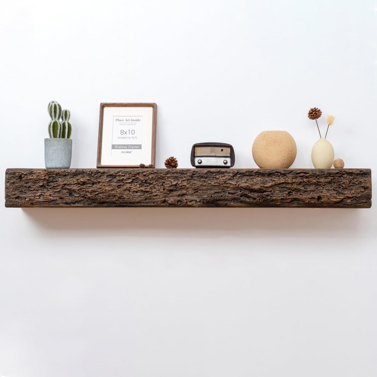 FLYJOE Faux Wood Fireplace Mantel Shelf 52” Long Floating Shelf Wall-Mounted Mantel Fire-Proof Raw Edge Rustic Wood Wall Storage Decor, Brown 52”Wx9”Dx5.5”H