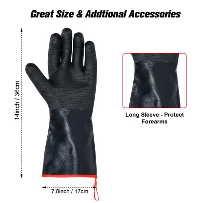 14 inch Barbecue Gloves, 932°F Extreme Heat Resistant Gloves, Firewoof/Waterproof Gloves with overlong Sleeve, for Baking/Oven/Cooking/Pit/Barbecue/Cutting,Textured Palm Handle/Greasy Food