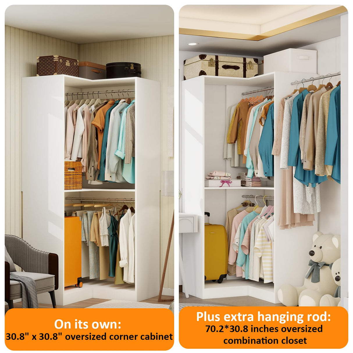 Vomavex Corner Closet System with 3 Hanging Rods, 30.8”-70.2” L Shaped Freestanding Closet Organizer for Walkin Closet, Corner Wardrobe, White vomavex