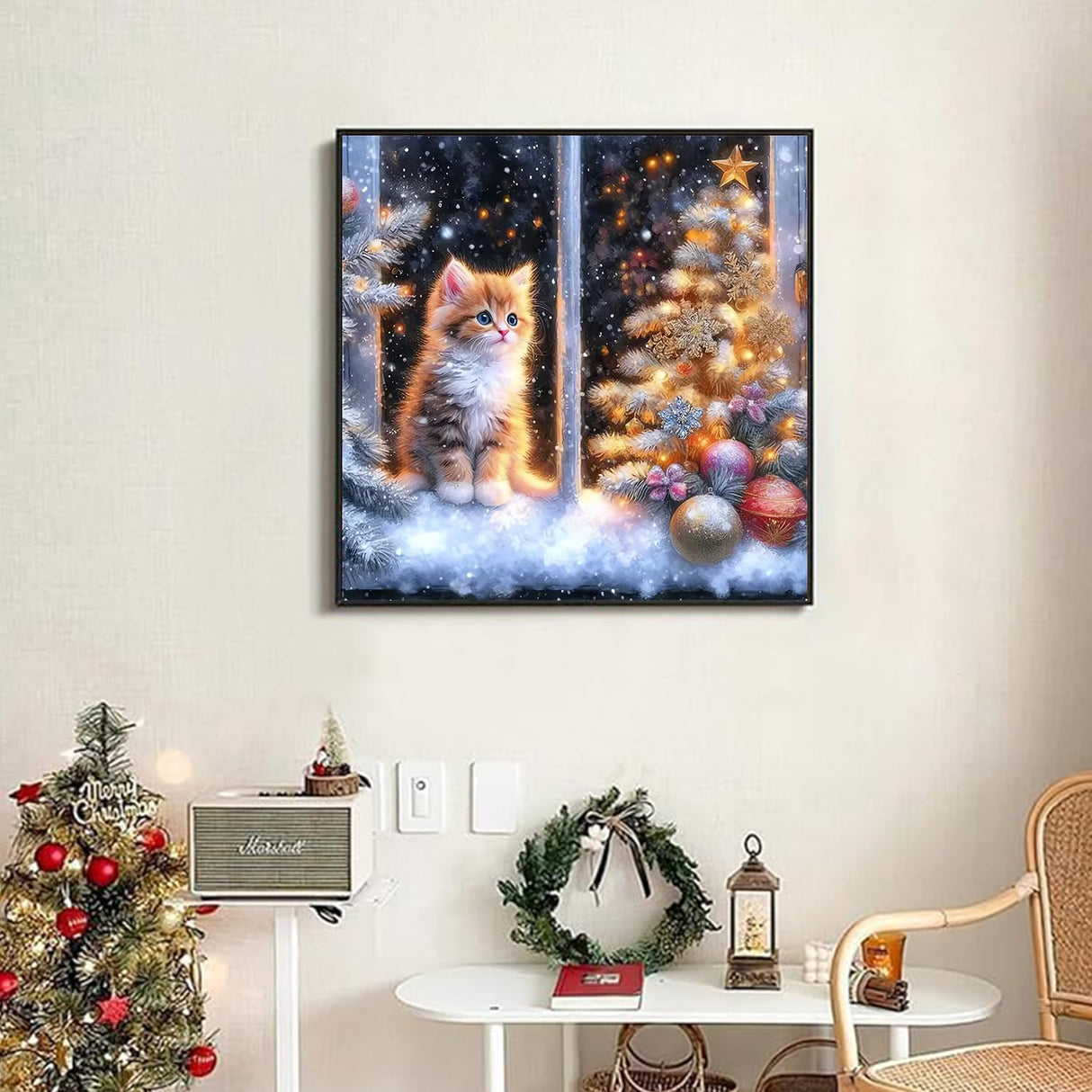 DAZZLEDOTS Diamond Art Kits for Adults, Cat Diamond Painting 5D Diamond Art for Beginners Window Winter DIY Full Drill Paint by Diamonds Dot Christmas Gem Art for Home Wall Decor 13.8x13.8inch DAZZLEDOTS