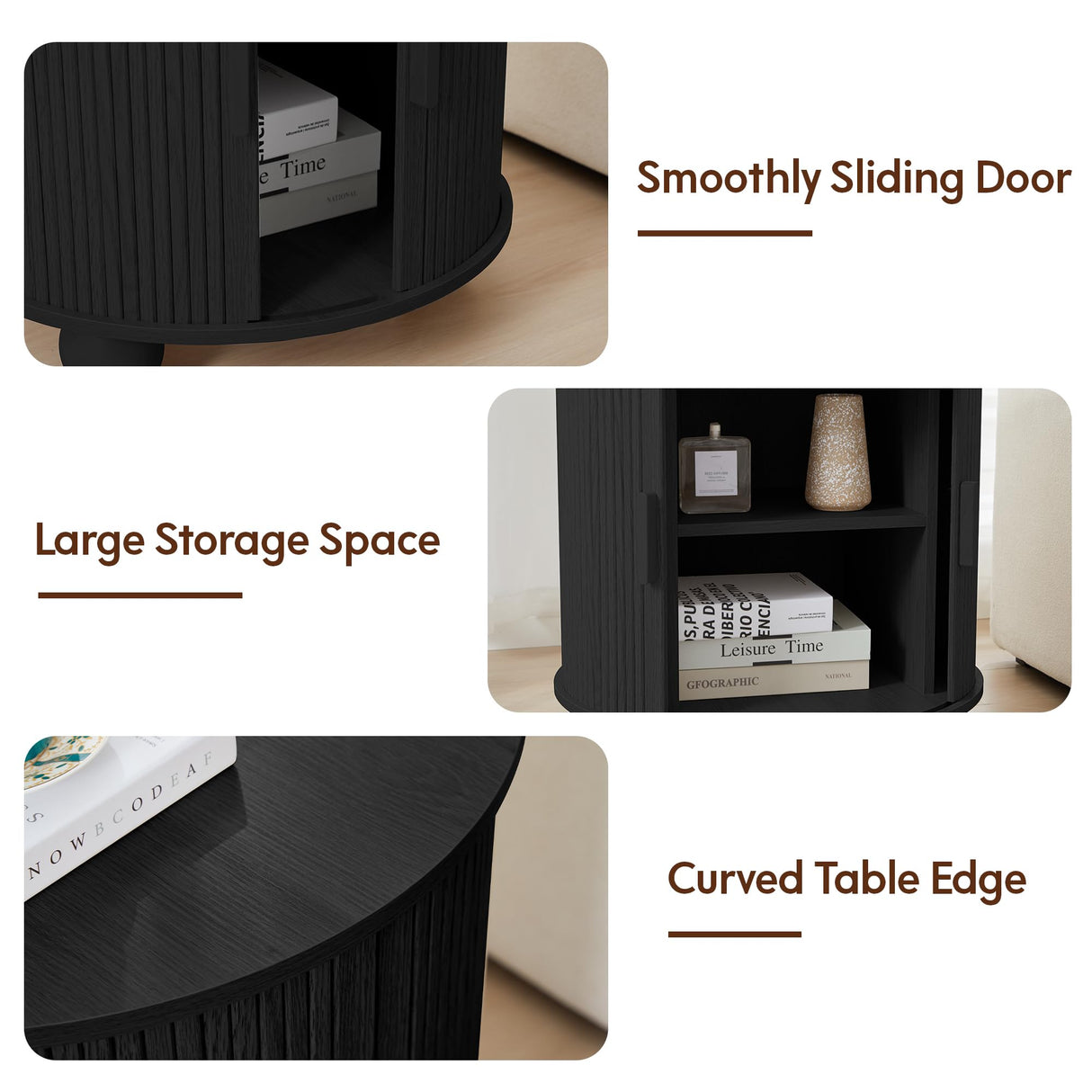 RUSTYER Farmhouse Round End Table with Charging Station, 24" Large Fluted Sofa Side Table with Sliding Tambour Door & Storage, Mid-Century Wood Nightstand for Living Room, Bedroom (Black) RUSTYER