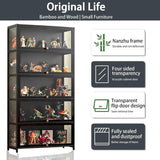 Curio Display Cabinet, 5 Tier Storage Shelves with Acrylic Glass Door, Transparent Bamboo Display Case for Figures, Display Shelves for Collectibles & Kids Bookcase for Home (Black Flip Door) iusyugh