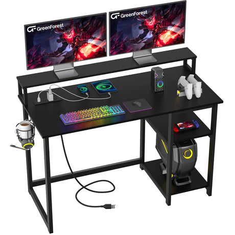 GreenForest 47 inch Gaming Desk with Power Outlets, Small Home Office Desk with Ergonomic Monitor Stand, Reversible Computer Desk, Modern Study Desk, Laptop Desk,Black GreenForest