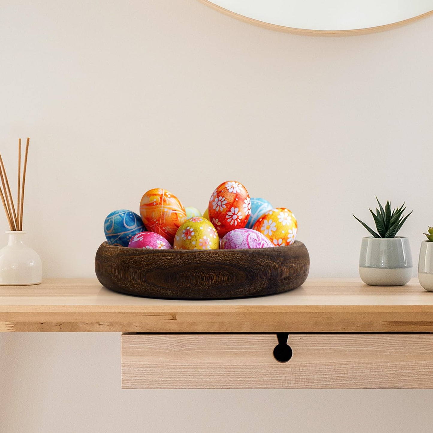 SAMGUYUE Wooden Bowls Round Decorative Paulownia Wood Centerpiece Bowls for Home Decor Blackened Fruit Bowl for Coffee Table Key Tray for Entryway Moss Holder (Black)