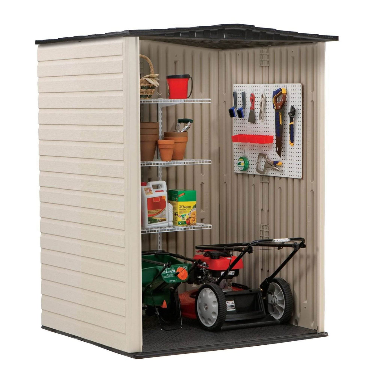 Rubbermaid Medium Vertical Resin Outdoor Storage Shed With Floor (4.3 x 4.6 Ft), Weather Resistant, Beige/Brown, Organization for Home/Backyard/Garden Tools/Lawn Mower/Bike Storage/Pool Supplies Rubbermaid